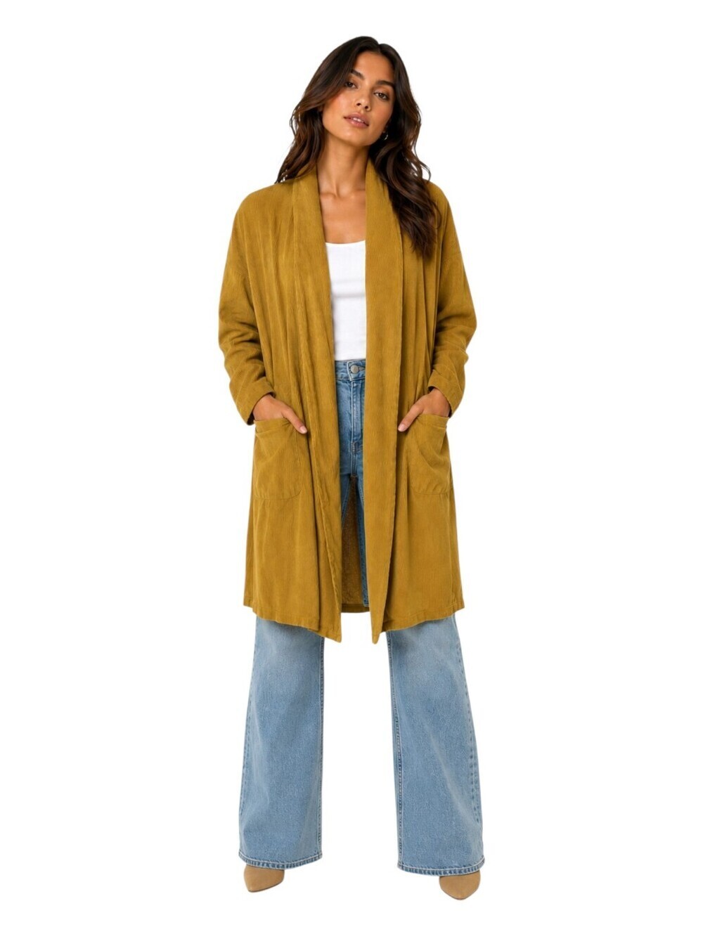 SAGA Made in Italy Mustard Corduroy Open Front Cotton Oversized Cardigan